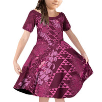 Pink Aloha Hawaii Family Matching Off Shoulder Short Dress and Hawaiian Shirt Hawaiian Kakau Ohia Lehua Lei LT14 Daughter's Dress Pink - Polynesian Pride