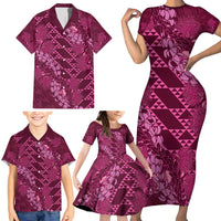 Pink Aloha Hawaii Family Matching Short Sleeve Bodycon Dress and Hawaiian Shirt Hawaiian Kakau Ohia Lehua Lei LT14 - Polynesian Pride