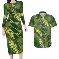 Green Aloha Hawaii Couples Matching Long Sleeve Bodycon Dress and Hawaiian Shirt Hawaiian Kakau Ohia Lehua Lei LT14 Green - Polynesian Pride