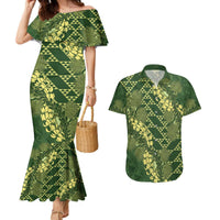 Green Aloha Hawaii Couples Matching Mermaid Dress and Hawaiian Shirt Hawaiian Kakau Ohia Lehua Lei LT14 Green - Polynesian Pride
