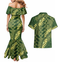 Green Aloha Hawaii Couples Matching Mermaid Dress and Hawaiian Shirt Hawaiian Kakau Ohia Lehua Lei LT14 - Polynesian Pride