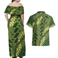 Green Aloha Hawaii Couples Matching Off Shoulder Maxi Dress and Hawaiian Shirt Hawaiian Kakau Ohia Lehua Lei LT14 - Polynesian Pride
