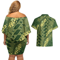 Green Aloha Hawaii Couples Matching Off Shoulder Short Dress and Hawaiian Shirt Hawaiian Kakau Ohia Lehua Lei LT14 - Polynesian Pride