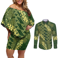 Green Aloha Hawaii Couples Matching Off Shoulder Short Dress and Long Sleeve Button Shirt Hawaiian Kakau Ohia Lehua Lei LT14 Green - Polynesian Pride