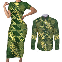 Green Aloha Hawaii Couples Matching Short Sleeve Bodycon Dress and Long Sleeve Button Shirt Hawaiian Kakau Ohia Lehua Lei LT14 Green - Polynesian Pride