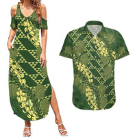 Green Aloha Hawaii Couples Matching Summer Maxi Dress and Hawaiian Shirt Hawaiian Kakau Ohia Lehua Lei LT14 Green - Polynesian Pride