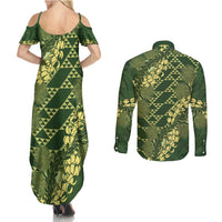 Green Aloha Hawaii Couples Matching Summer Maxi Dress and Long Sleeve Button Shirt Hawaiian Kakau Ohia Lehua Lei LT14 - Polynesian Pride