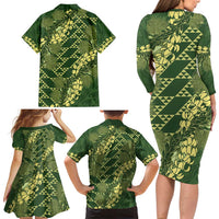 Green Aloha Hawaii Family Matching Long Sleeve Bodycon Dress and Hawaiian Shirt Hawaiian Kakau Ohia Lehua Lei LT14 - Polynesian Pride