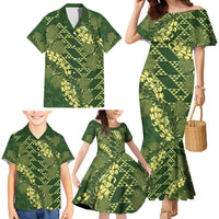 Green Aloha Hawaii Family Matching Mermaid Dress and Hawaiian Shirt Hawaiian Kakau Ohia Lehua Lei LT14 - Polynesian Pride