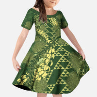 Green Aloha Hawaii Family Matching Off The Shoulder Long Sleeve Dress and Hawaiian Shirt Hawaiian Kakau Ohia Lehua Lei LT14 Daughter's Dress Green - Polynesian Pride