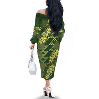 Green Aloha Hawaii Family Matching Off The Shoulder Long Sleeve Dress and Hawaiian Shirt Hawaiian Kakau Ohia Lehua Lei LT14 - Polynesian Pride