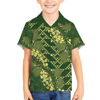 Green Aloha Hawaii Family Matching Off Shoulder Maxi Dress and Hawaiian Shirt Hawaiian Kakau Ohia Lehua Lei LT14 Son's Shirt Green - Polynesian Pride