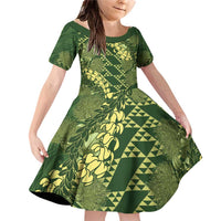 Green Aloha Hawaii Family Matching Off Shoulder Short Dress and Hawaiian Shirt Hawaiian Kakau Ohia Lehua Lei LT14 Daughter's Dress Green - Polynesian Pride