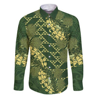 Green Aloha Hawaii Family Matching Off Shoulder Short Dress and Hawaiian Shirt Hawaiian Kakau Ohia Lehua Lei LT14 Dad's Shirt - Long Sleeve Green - Polynesian Pride