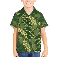 Green Aloha Hawaii Family Matching Short Sleeve Bodycon Dress and Hawaiian Shirt Hawaiian Kakau Ohia Lehua Lei LT14 Son's Shirt Green - Polynesian Pride