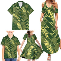 Green Aloha Hawaii Family Matching Summer Maxi Dress and Hawaiian Shirt Hawaiian Kakau Ohia Lehua Lei LT14 - Polynesian Pride