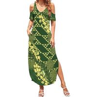 Green Aloha Hawaii Family Matching Summer Maxi Dress and Hawaiian Shirt Hawaiian Kakau Ohia Lehua Lei LT14 Mom's Dress Green - Polynesian Pride