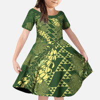 Green Aloha Hawaii Family Matching Tank Maxi Dress and Hawaiian Shirt Hawaiian Kakau Ohia Lehua Lei LT14 Daughter's Dress Green - Polynesian Pride
