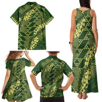 Green Aloha Hawaii Family Matching Tank Maxi Dress and Hawaiian Shirt Hawaiian Kakau Ohia Lehua Lei LT14 - Polynesian Pride