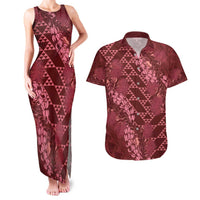 Maroon Aloha Hawaii Couples Matching Tank Maxi Dress and Hawaiian Shirt Hawaiian Kakau Ohia Lehua Lei LT14 Maroon - Polynesian Pride