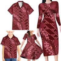 Maroon Aloha Hawaii Family Matching Long Sleeve Bodycon Dress and Hawaiian Shirt Hawaiian Kakau Ohia Lehua Lei LT14 - Polynesian Pride