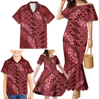 Maroon Aloha Hawaii Family Matching Mermaid Dress and Hawaiian Shirt Hawaiian Kakau Ohia Lehua Lei LT14 - Polynesian Pride