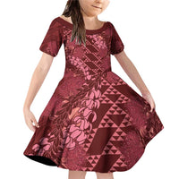 Maroon Aloha Hawaii Family Matching Off Shoulder Short Dress and Hawaiian Shirt Hawaiian Kakau Ohia Lehua Lei LT14 Daughter's Dress Maroon - Polynesian Pride