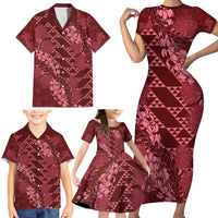 Maroon Aloha Hawaii Family Matching Short Sleeve Bodycon Dress and Hawaiian Shirt Hawaiian Kakau Ohia Lehua Lei LT14 - Polynesian Pride