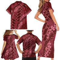 Maroon Aloha Hawaii Family Matching Short Sleeve Bodycon Dress and Hawaiian Shirt Hawaiian Kakau Ohia Lehua Lei LT14 - Polynesian Pride