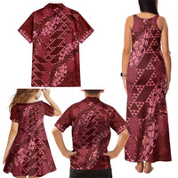 Maroon Aloha Hawaii Family Matching Tank Maxi Dress and Hawaiian Shirt Hawaiian Kakau Ohia Lehua Lei LT14 - Polynesian Pride
