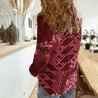 Maroon Aloha Hawaii Women Casual Shirt Hawaiian Kakau Ohia Lehua Lei - Polynesian Pride