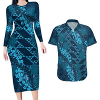 Naval Night Aloha Hawaii Couples Matching Long Sleeve Bodycon Dress and Hawaiian Shirt Hawaiian Kakau Ohia Lehua Lei LT14 Blue - Polynesian Pride