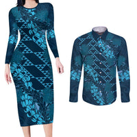 Naval Night Aloha Hawaii Couples Matching Long Sleeve Bodycon Dress and Long Sleeve Button Shirt Hawaiian Kakau Ohia Lehua Lei LT14 Blue - Polynesian Pride