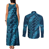 Naval Night Aloha Hawaii Couples Matching Tank Maxi Dress and Long Sleeve Button Shirt Hawaiian Kakau Ohia Lehua Lei - Polynesian Pride