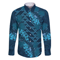 Naval Night Aloha Hawaii Family Matching Long Sleeve Bodycon Dress and Hawaiian Shirt Hawaiian Kakau Ohia Lehua Lei LT14 Dad's Shirt - Long Sleeve Blue - Polynesian Pride