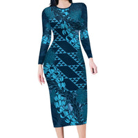 Naval Night Aloha Hawaii Family Matching Long Sleeve Bodycon Dress and Hawaiian Shirt Hawaiian Kakau Ohia Lehua Lei LT14 Mom's Dress Blue - Polynesian Pride