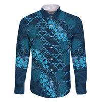 Naval Night Aloha Hawaii Family Matching Off The Shoulder Long Sleeve Dress and Hawaiian Shirt Hawaiian Kakau Ohia Lehua Lei LT14 Dad's Shirt - Long Sleeve Blue - Polynesian Pride