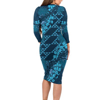 Naval Night Aloha Hawaii Long Sleeve Bodycon Dress Hawaiian Kakau Ohia Lehua Lei - Polynesian Pride