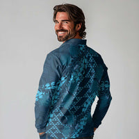 Naval Night Aloha Hawaii Long Sleeve Polo Shirt Hawaiian Kakau Ohia Lehua Lei - Polynesian Pride