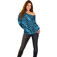 Naval Night Aloha Hawaii Off Shoulder Sweater Hawaiian Kakau Ohia Lehua Lei - Polynesian Pride