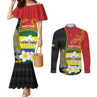 Personalised PNG Morobe Provins Couples Matching Mermaid Dress and Long Sleeve Button Shirt Papua New Guinea Plumeria Melanesian Pattern LT14 Red - Polynesian Pride