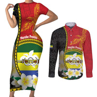 Personalised PNG Morobe Provins Couples Matching Short Sleeve Bodycon Dress and Long Sleeve Button Shirt Papua New Guinea Plumeria Melanesian Pattern LT14 Red - Polynesian Pride