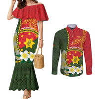 Personalised PNG Isten Hailans Provins Couples Matching Mermaid Dress and Long Sleeve Button Shirt Papua New Guinea Plumeria Melanesian Pattern LT14 Green - Polynesian Pride