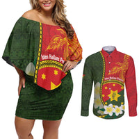 Personalised PNG Isten Hailans Provins Couples Matching Off Shoulder Short Dress and Long Sleeve Button Shirt Papua New Guinea Plumeria Melanesian Pattern LT14 Green - Polynesian Pride
