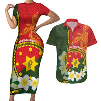 Personalised PNG Isten Hailans Provins Couples Matching Short Sleeve Bodycon Dress and Hawaiian Shirt Papua New Guinea Plumeria Melanesian Pattern LT14 Green - Polynesian Pride