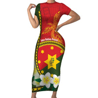 Personalised PNG Isten Hailans Provins Short Sleeve Bodycon Dress Papua New Guinea Plumeria Melanesian Pattern LT14 Long Dress Green - Polynesian Pride
