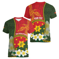 Personalised PNG Isten Hailans Provins Women V-Neck T-Shirt Papua New Guinea Plumeria Melanesian Pattern LT14 - Polynesian Pride