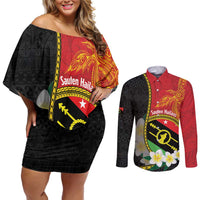 Personalised PNG Sauten Hailans Couples Matching Off Shoulder Short Dress and Long Sleeve Button Shirt Papua New Guinea Plumeria Melanesian Pattern LT14 Red - Polynesian Pride