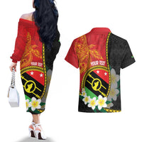 Personalised PNG Sauten Hailans Couples Matching Off The Shoulder Long Sleeve Dress and Hawaiian Shirt Papua New Guinea Plumeria Melanesian Pattern LT14 - Polynesian Pride