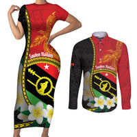 Personalised PNG Sauten Hailans Couples Matching Short Sleeve Bodycon Dress and Long Sleeve Button Shirt Papua New Guinea Plumeria Melanesian Pattern LT14 Red - Polynesian Pride